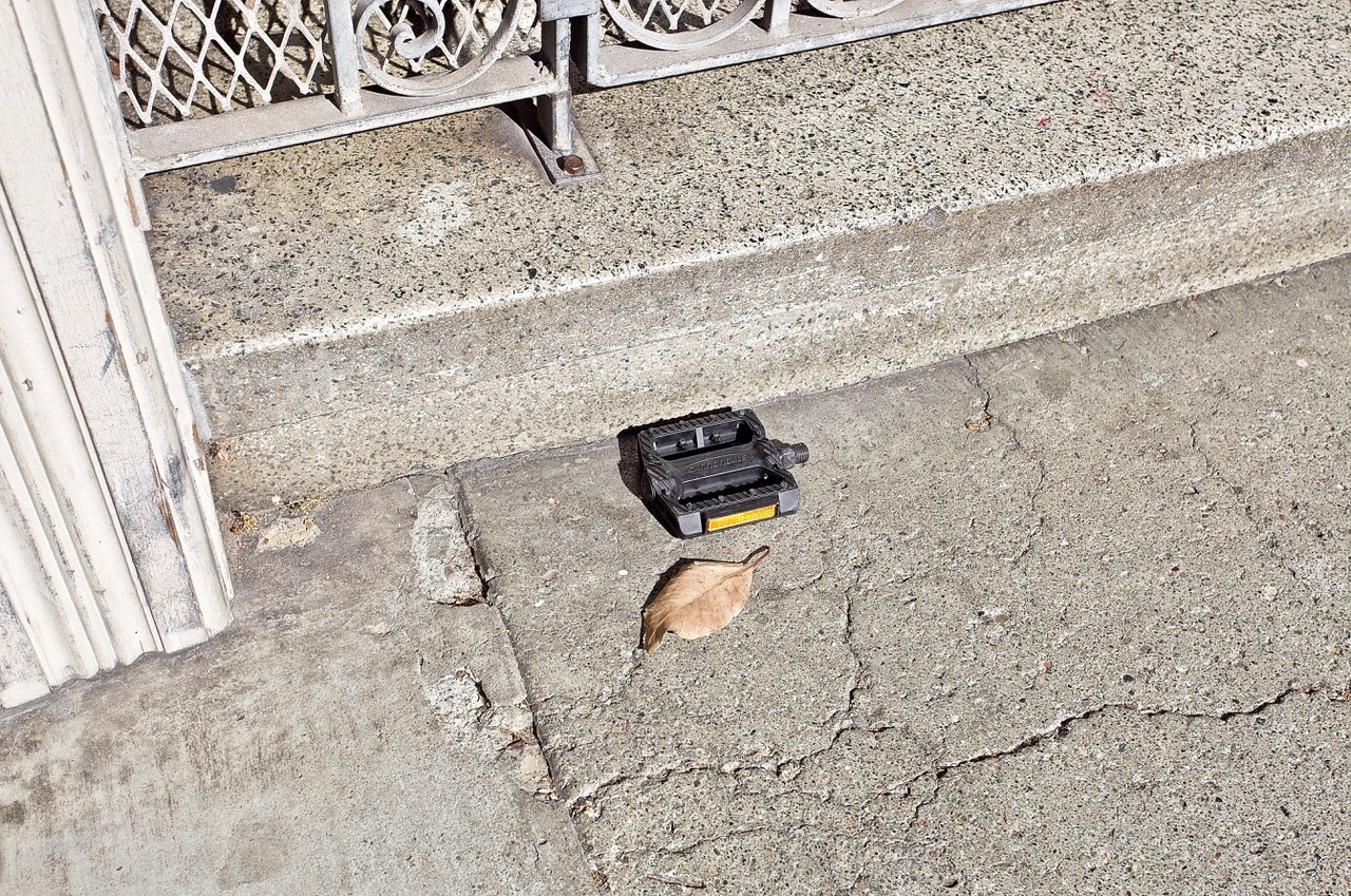 A leaf and a pedal on the sidewalk