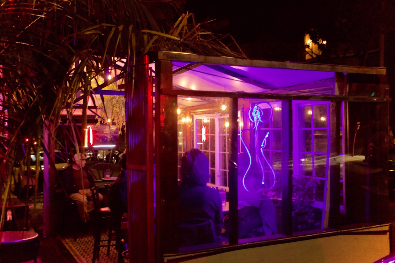 Looking through a bar at. night