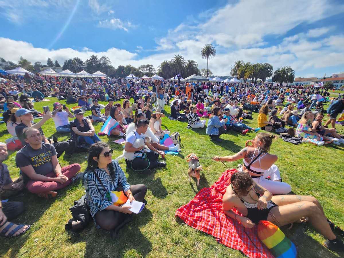 a crowd in a park