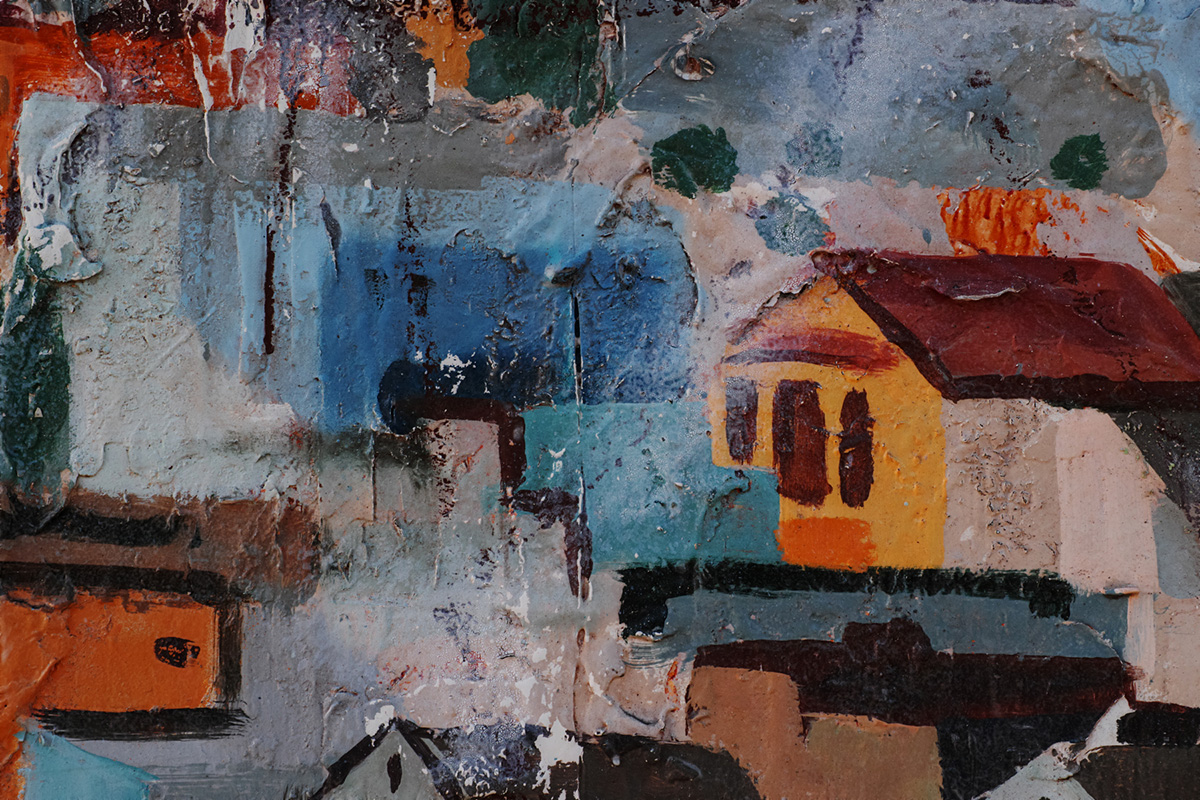 A painting of a city with houses on it.