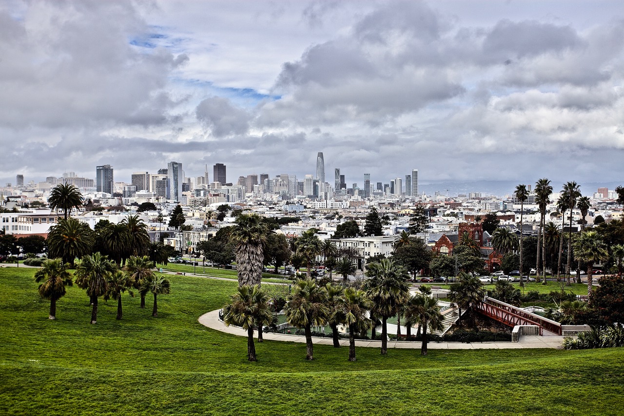 A sweeping view of a city skyline from a park with palm trees and a winding walkway. Clouds gather on the horizon.