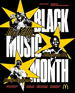 Black Music Month event poster with photos of performers, yellow starbursts, and bold black-and-white text. Sponsored by McDonald's, event on June 23, 2023.