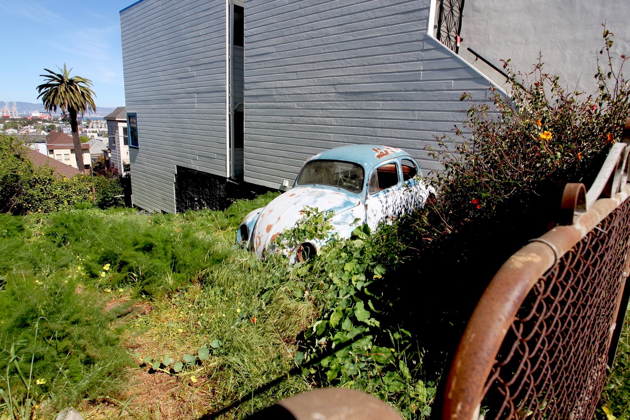 An old, rusted car partially covered by overgrown grass and plants sits beside a gray building on a sloped yard.