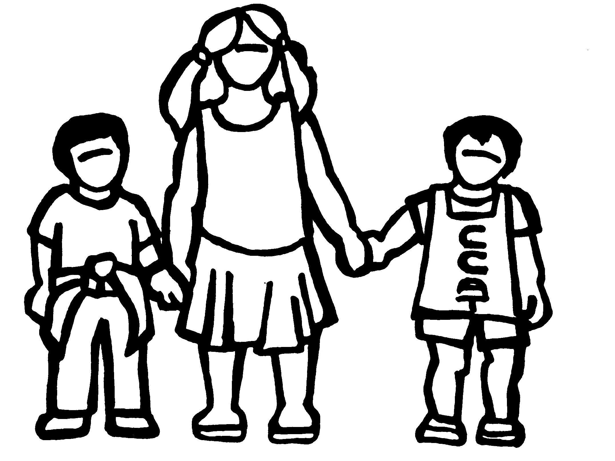 Three children holding hands, with the tallest child in the center and two shorter children on either side, all wearing casual clothes.