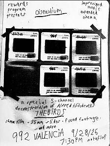 Black and white poster with six film slides, handwritten event details, and text referencing a 5-channel deconstruction of Hitchcock’s “The Birds” at 992 Valencia on 9/28/25 at 7:30 PM.