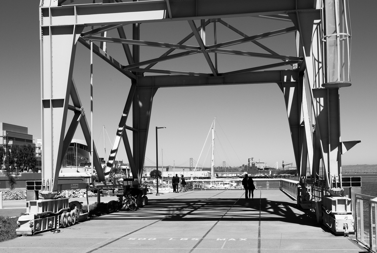 People walking under a large industrial gantry crane on a pier overlooking a bay.