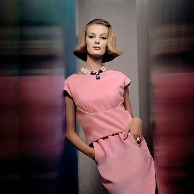 Nena von Schlebrugge, Two-piece pink velvet dress by Larry Aldrich, with large faux pearl necklace by Castlecliff. Circa November 1961