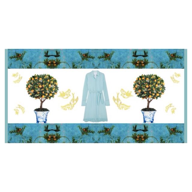 Sparkling birds flying in the azur sky in an orange garden (Altuzarra and Miu Miu)