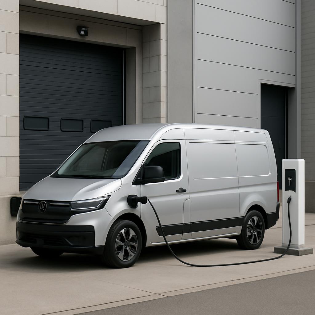 A silver van is plugged into an electric charging station at an industrial building, with the van parked along the front w...