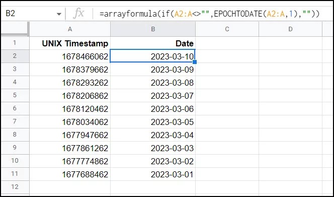Google sheets: convert unix timestamps to dates