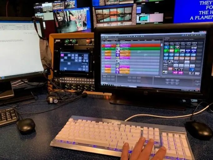 Empty television newsroom during the pandemic, described by director M.J. Ortmeier.