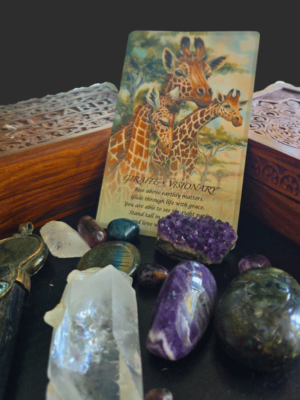 A tarot card with giraffes stands among crystals and stones on a wooden surface; the card reads Giraffe: Visionary with a message below.