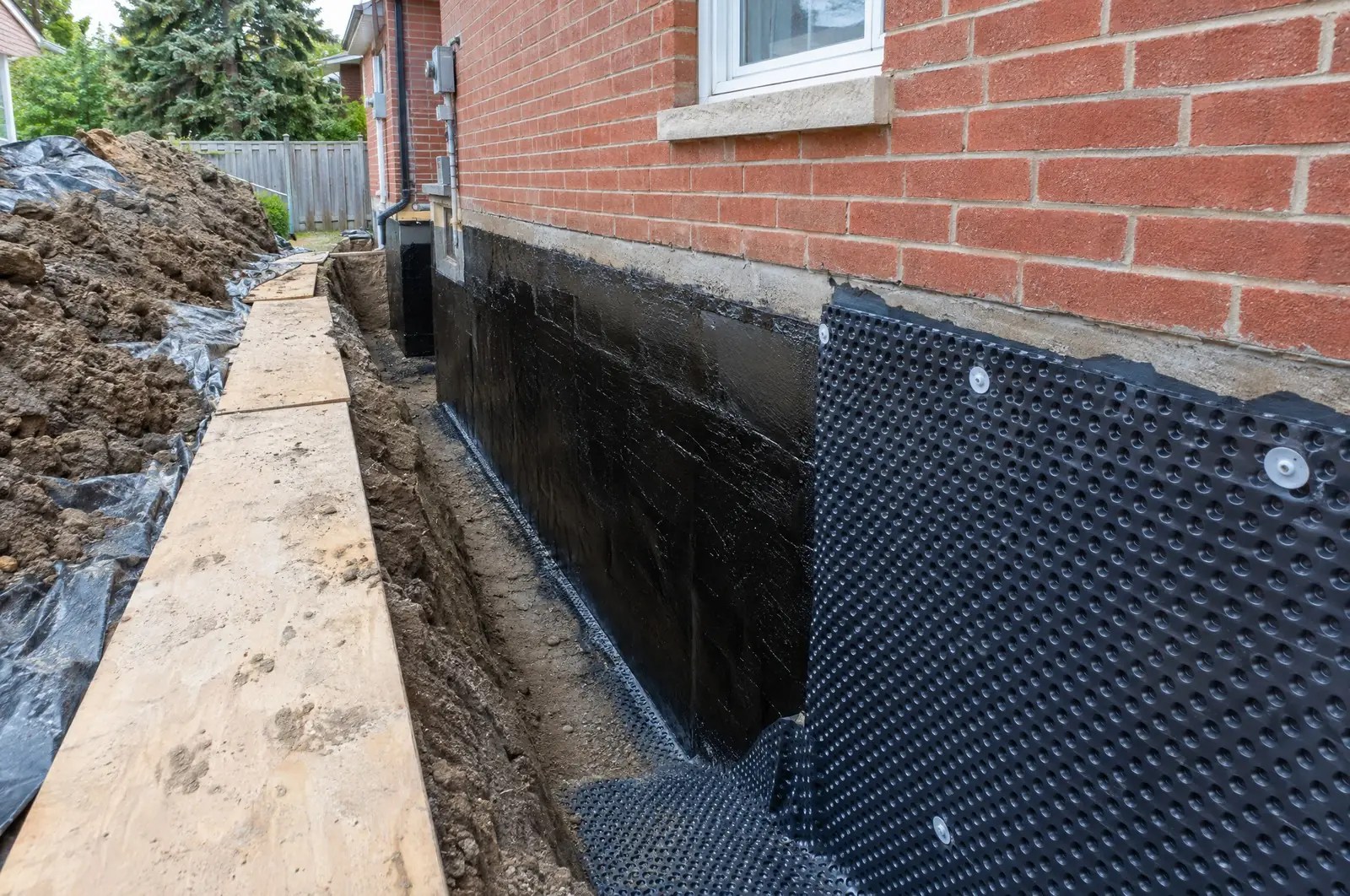 Exterior basement waterproofing on a red-brick GTA house: an excavated trench, the foundation wall coated with a black waterproofing membrane and dimpled drainage board