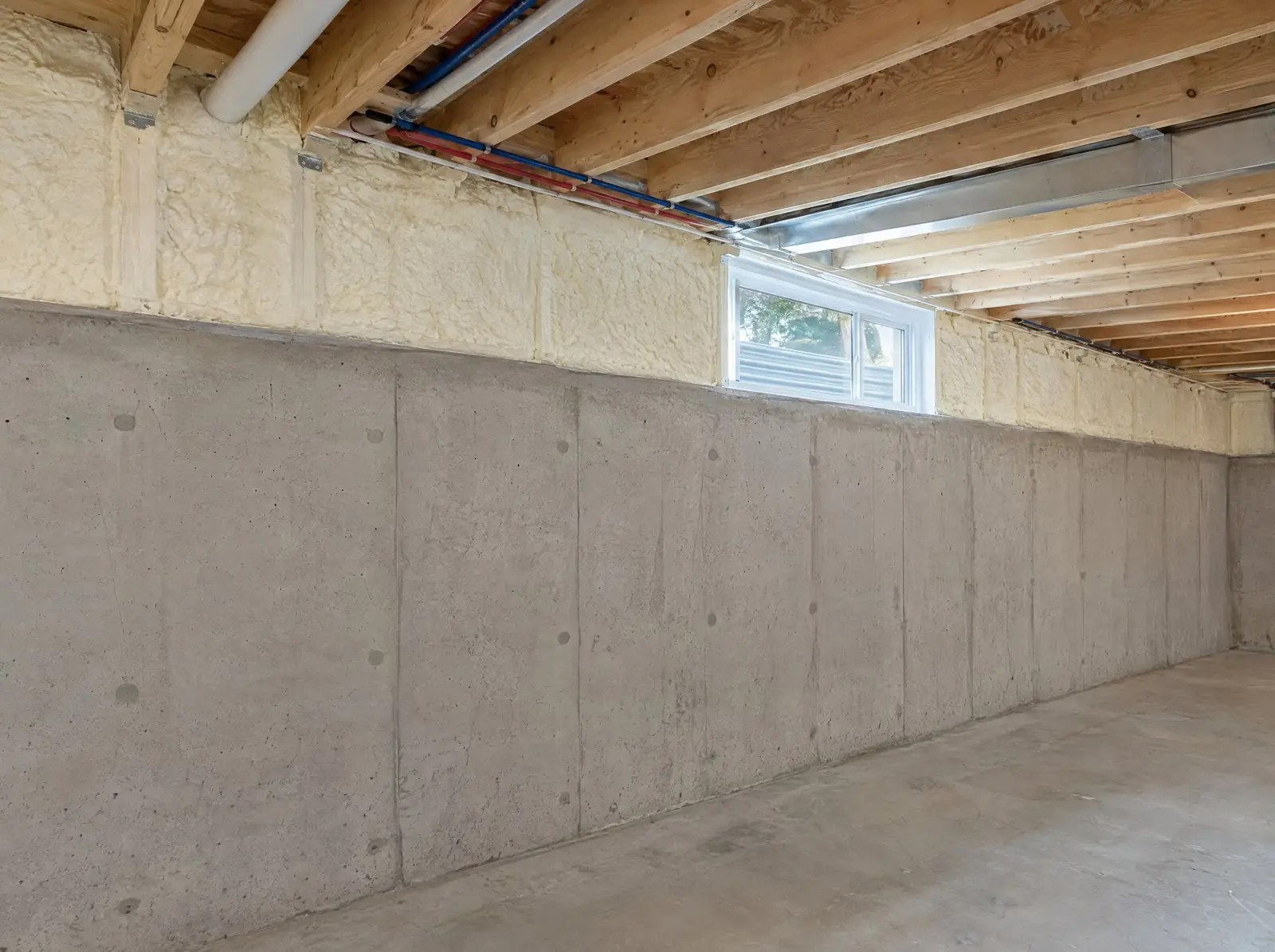 Basement rim joists insulated and air-sealed with closed-cell spray foam, clean and even, above a poured concrete foundation wall
