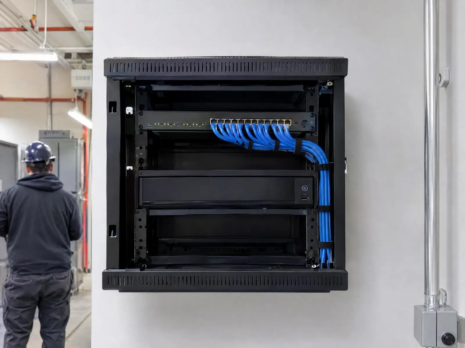 A network video recorder and switch in a wall-mounted rack with neat cable management