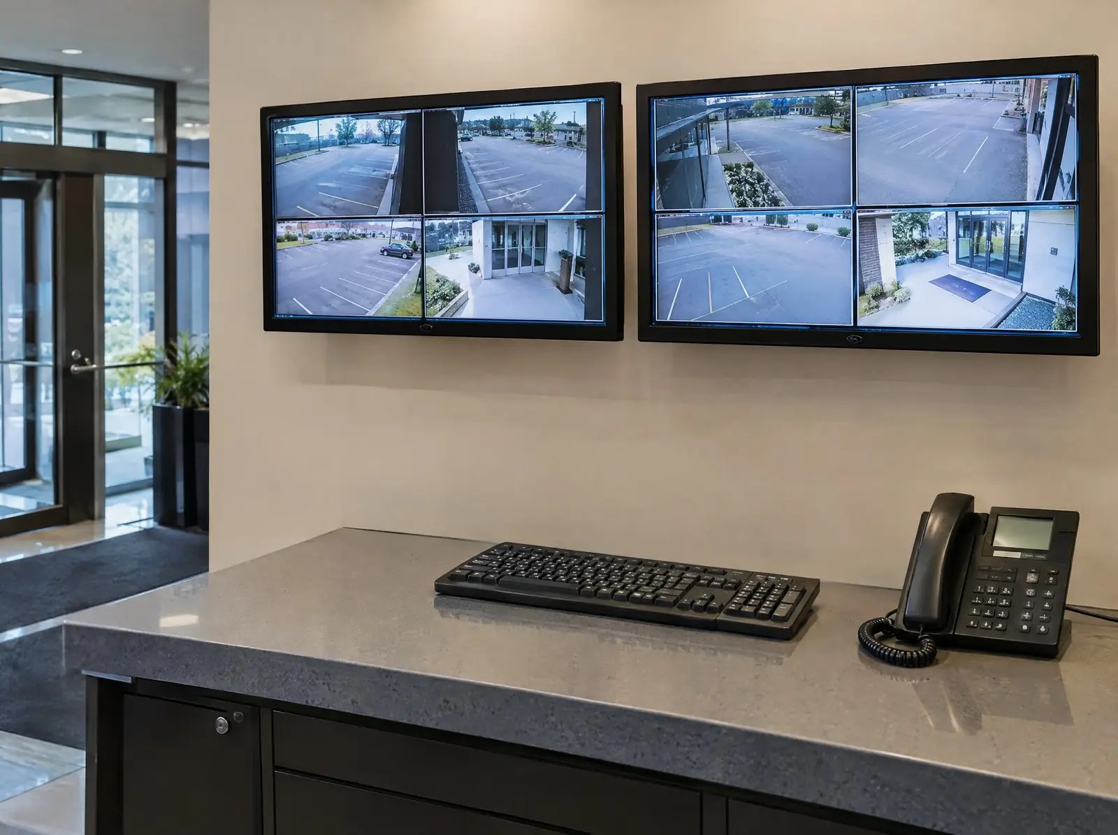 A security monitoring desk with screens showing camera views of a parking lot and entrances