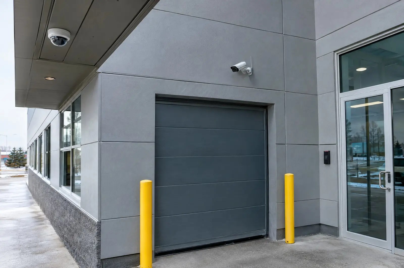 The corner of a commercial building with a dome camera, a bullet camera and an access card reader