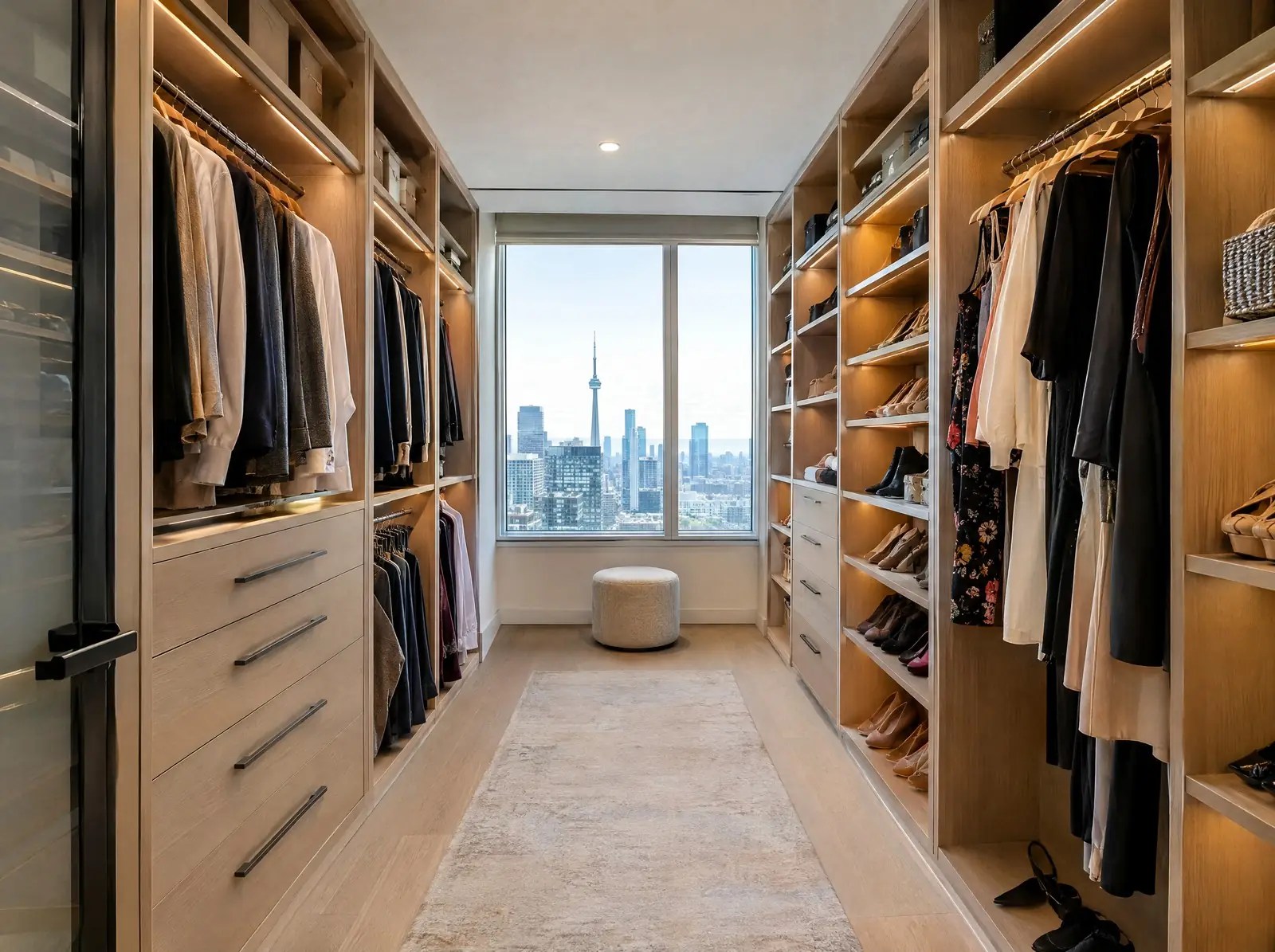 A condo walk-in closet system with hanging rods, drawers and shoe shelves, warm LED lighting