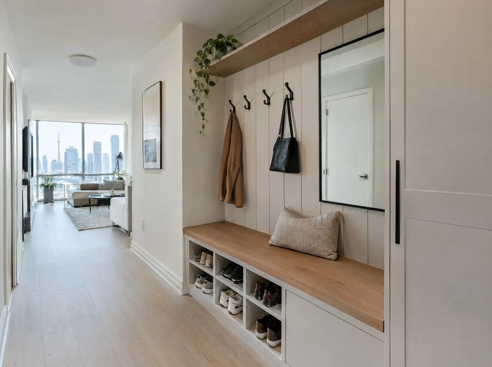 A condo entryway with a built-in bench, shoe storage below, hooks and a mirror