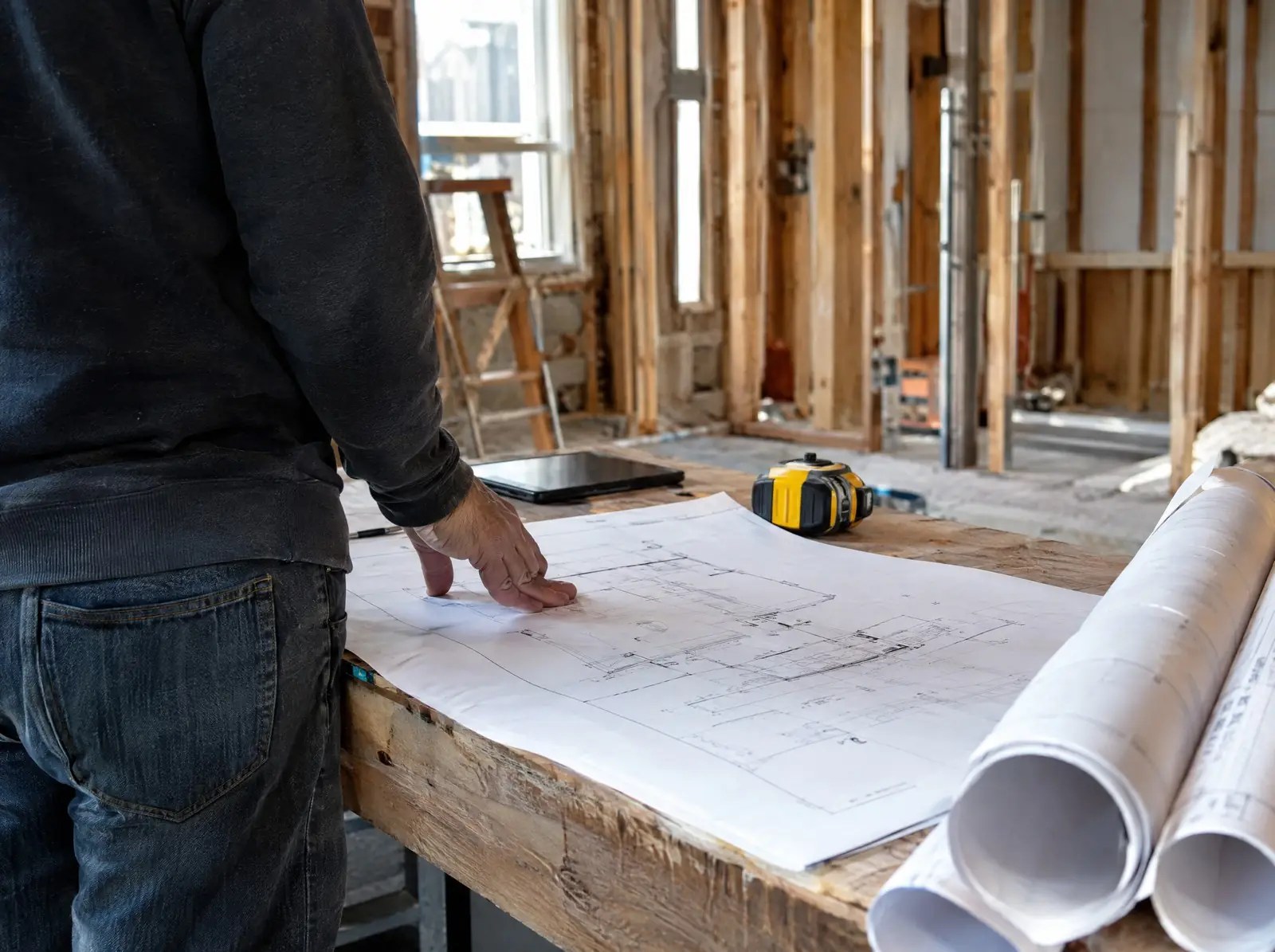 Rolled construction drawings on a site table at a house under renovation