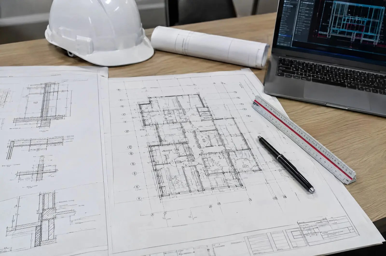 An engineer's desk: permit drawing set, structural details and engineer's scale
