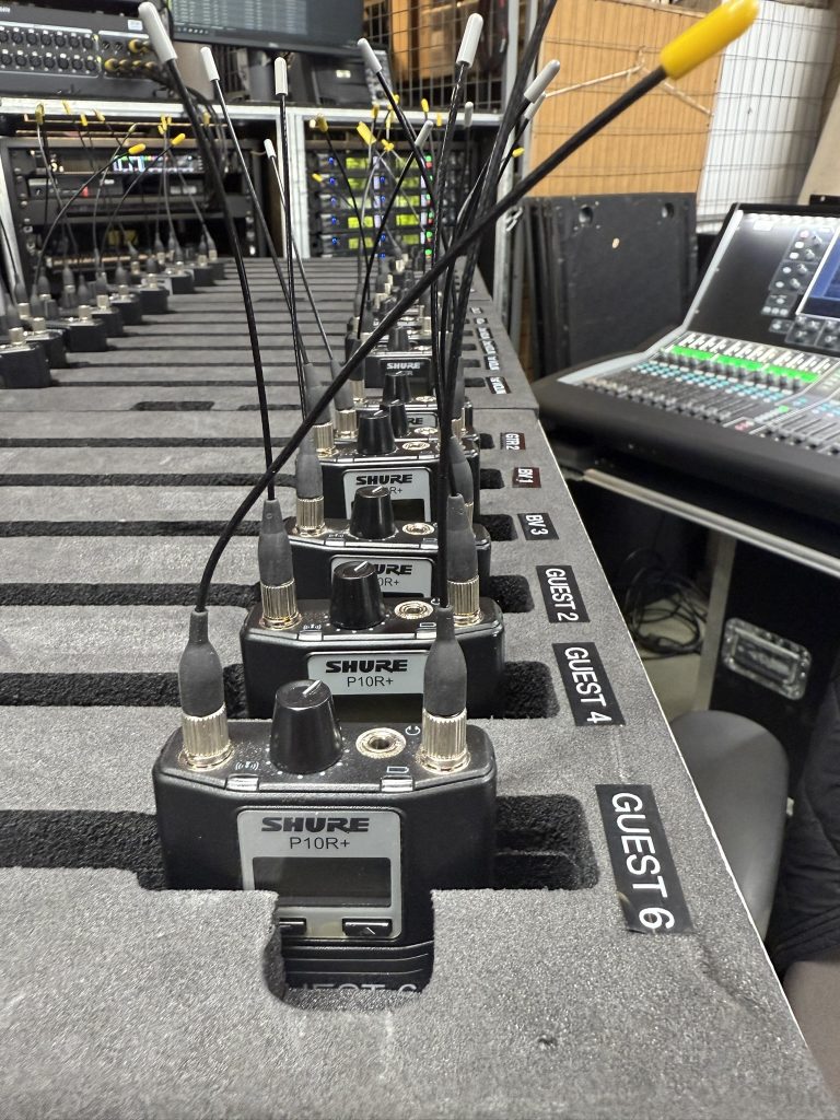 Shure PSM1000 receivers ready for artists. 