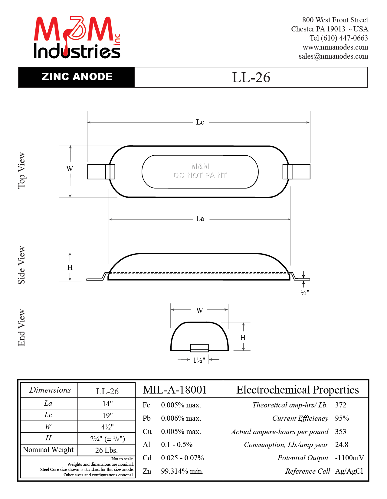 LL-26 Zinc Sacrificial Anode, weld on style, measuring 14″ x 4-½″ x 2-¼, MIL-A-18001 zinc alloy, nominal weight of 26 lbs, Cathodic Protection Made in USA,
