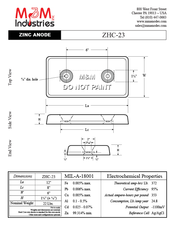 Manufactured in the USA by M&M Industries. ZHC-23 Bolt on style zinc sacrificial anode measuring 6″ x 12″ x 1-¼″, manufactured from MIL-A-18001 zinc alloy. Technical Drawing