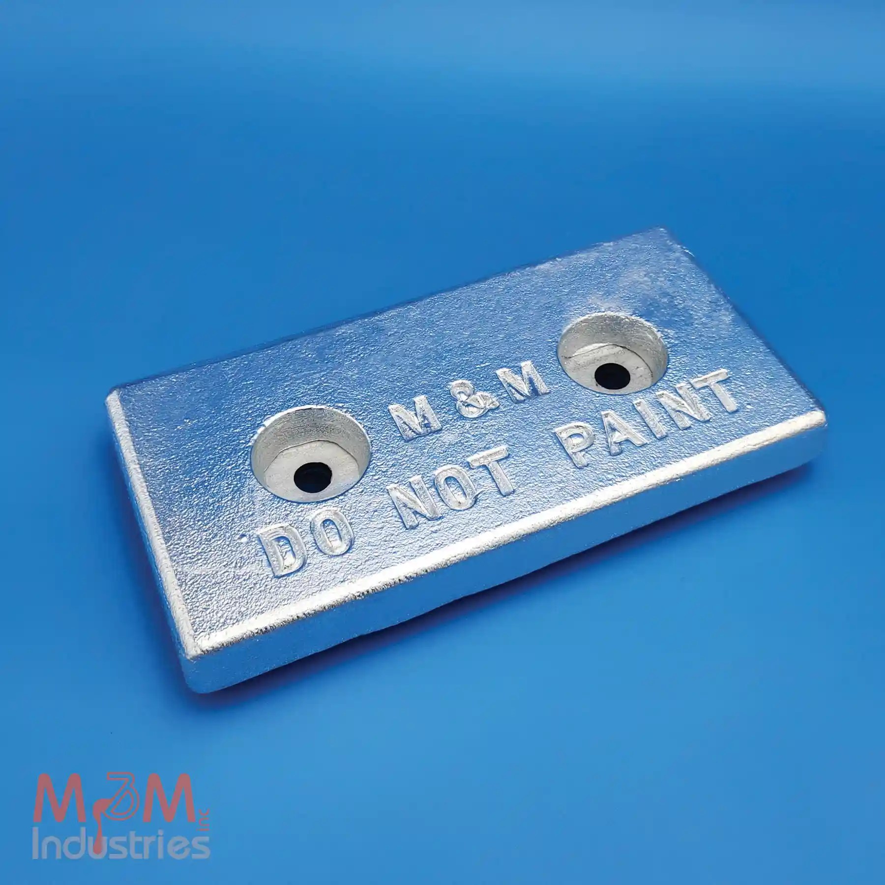 Manufactured in the USA by M&M Industries. ZHC-23 Bolt on style zinc sacrificial anode measuring 6″ x 12″ x 1-¼″, manufactured from MIL-A-18001 zinc alloy
