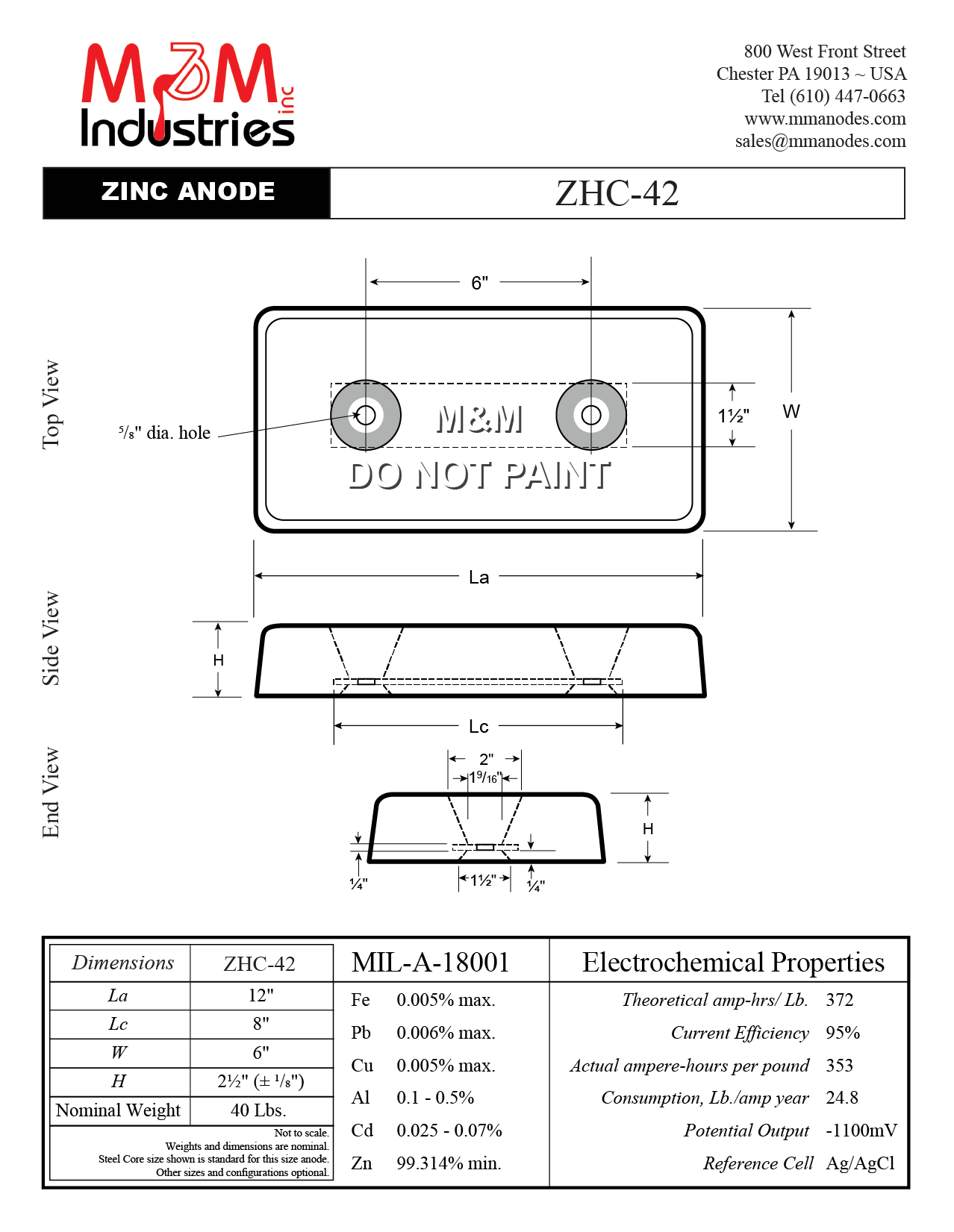 Manufactured in the USA by M&M Industries. ZHC-42 Bolt on style zinc sacrificial anode measuring 6″ x 12″ x 2-½″, manufactured from MIL-A-18001 zinc alloy. Technical Drawing