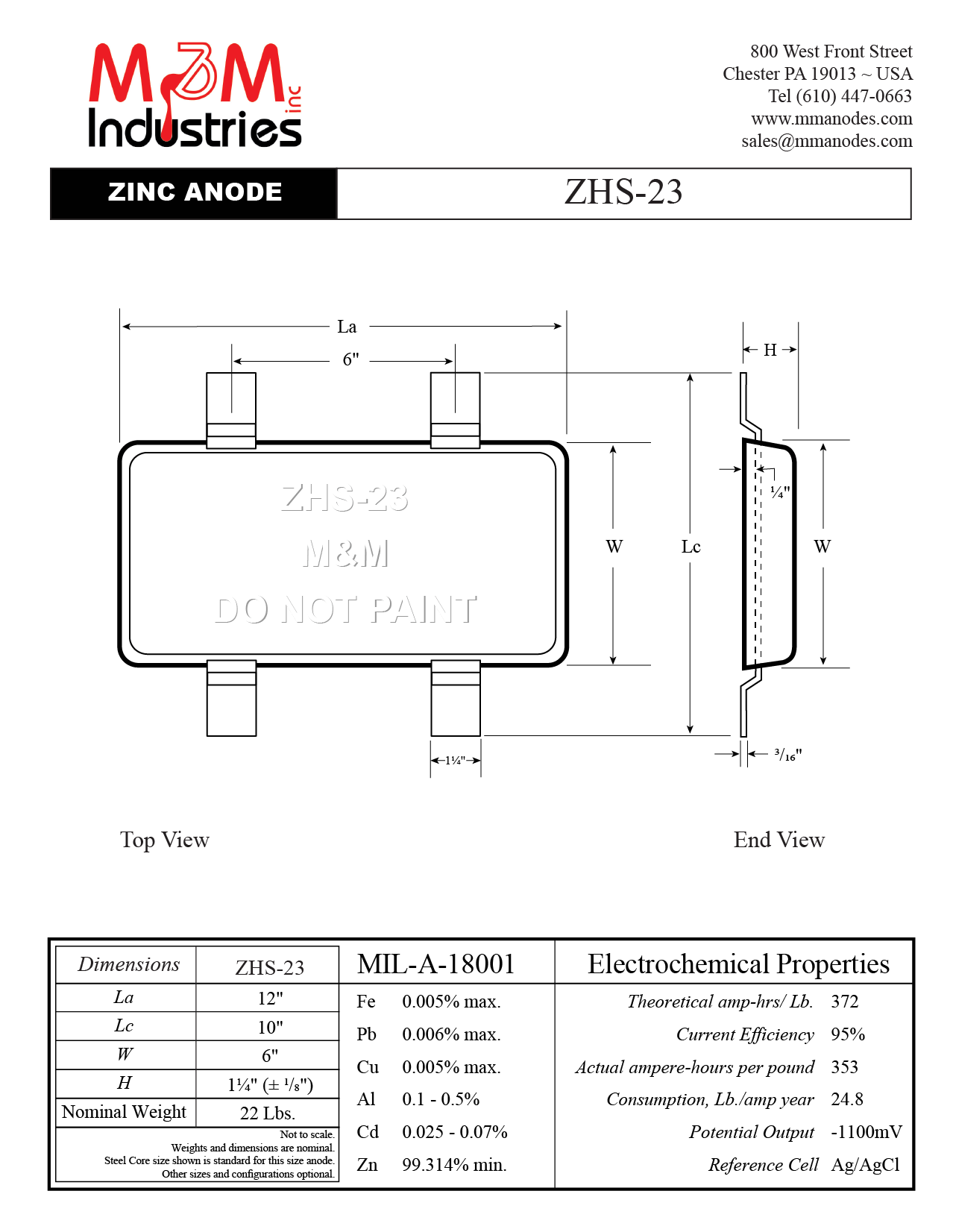 ZHS-23 Zinc Sacrificial Anode, weld on style, measuring 12″ x 6″ x 1-¼, MIL-A-18001 zinc alloy, nominal weight of 22 lbs, Cathodic Protection Made in USA, Technical Drawing