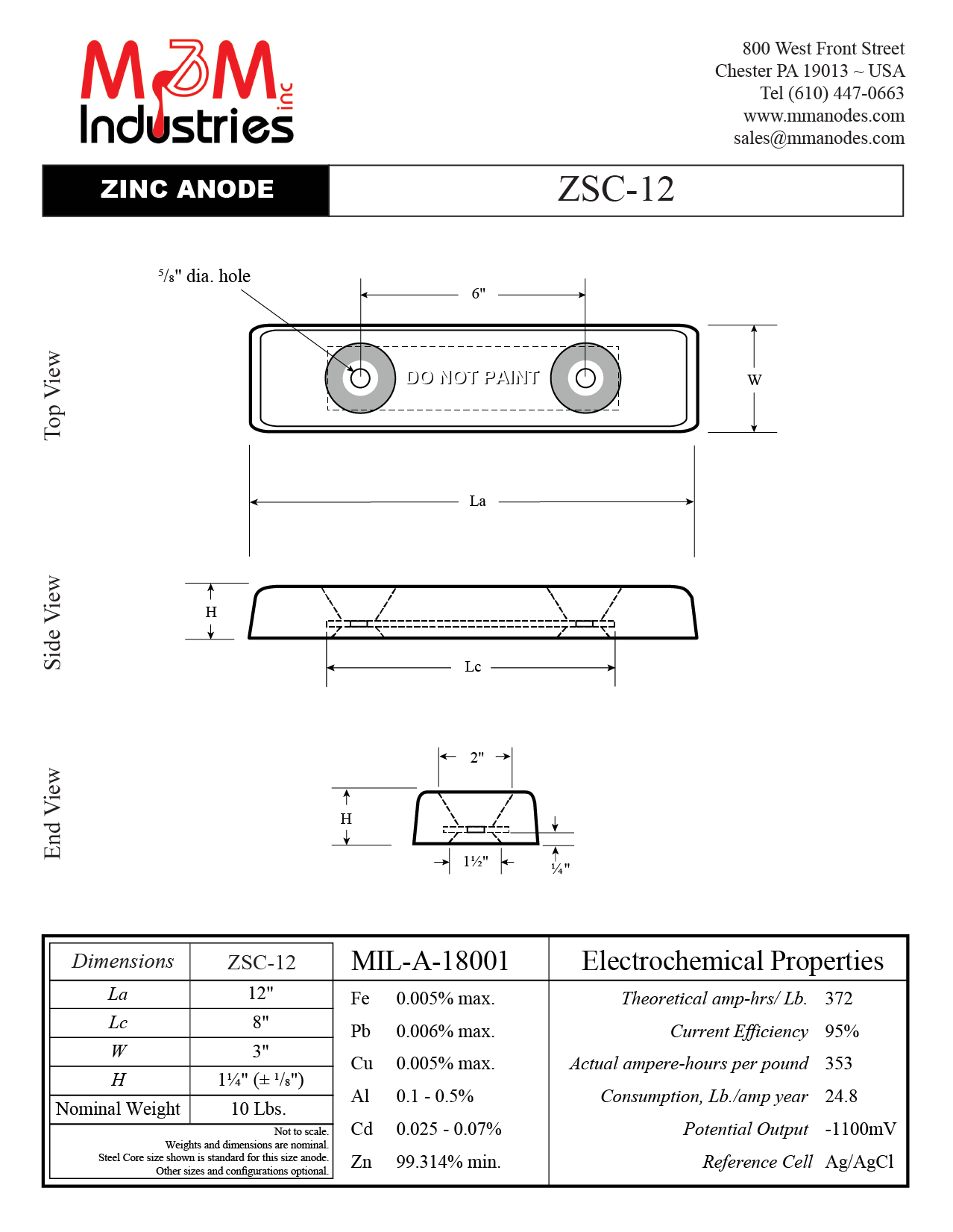 Manufactured in the USA by M&M Industries. ZSC-12 Bolt on style zinc sacrificial anode measuring 3″ x 12″ x 1-¼″, manufactured from MIL-A-18001 zinc alloy. Technical Drawing.