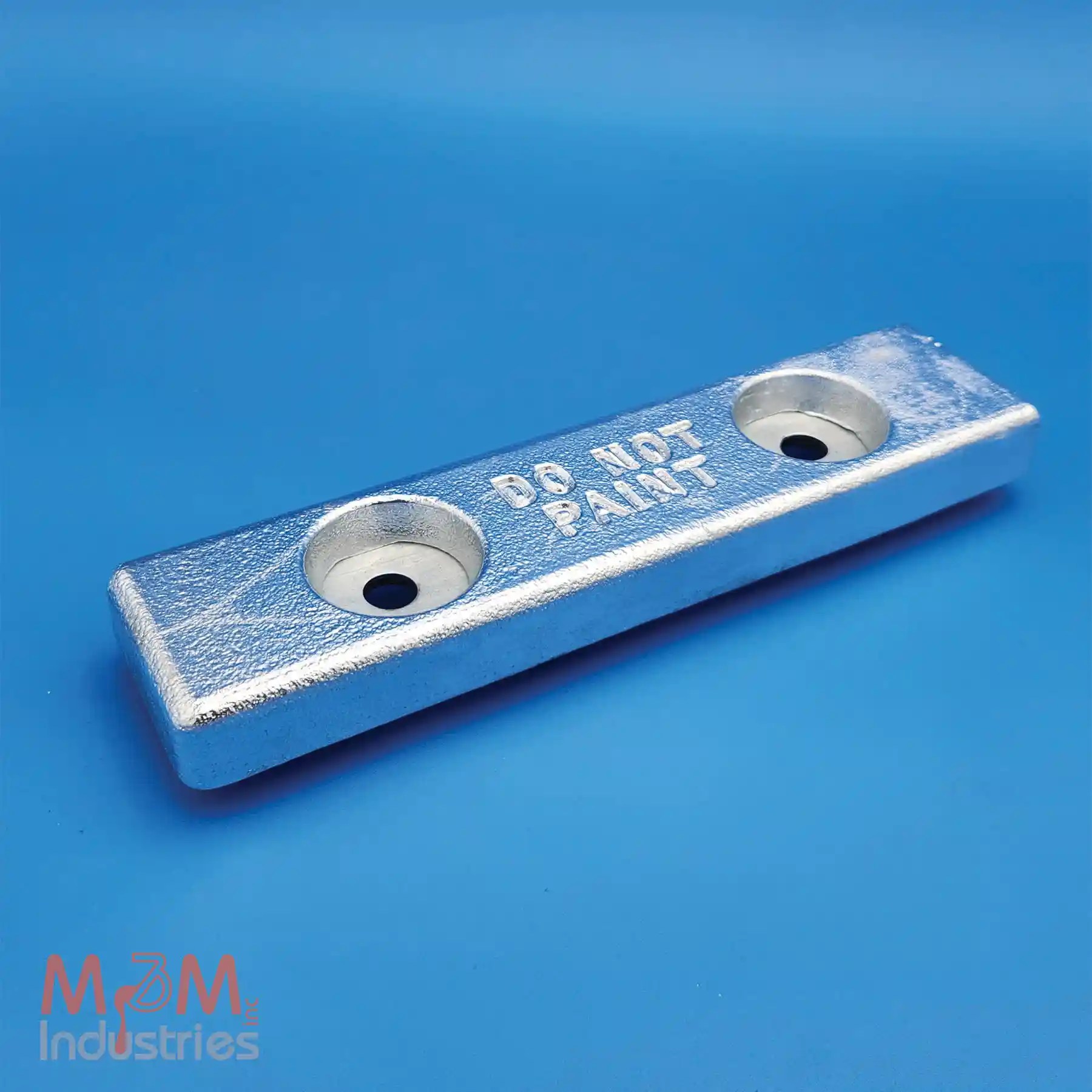 Manufactured in the USA by M&M Industries. ZSC-12 Bolt on style zinc sacrificial anode measuring 3″ x 12″ x 1-¼″, manufactured from MIL-A-18001 zinc alloy