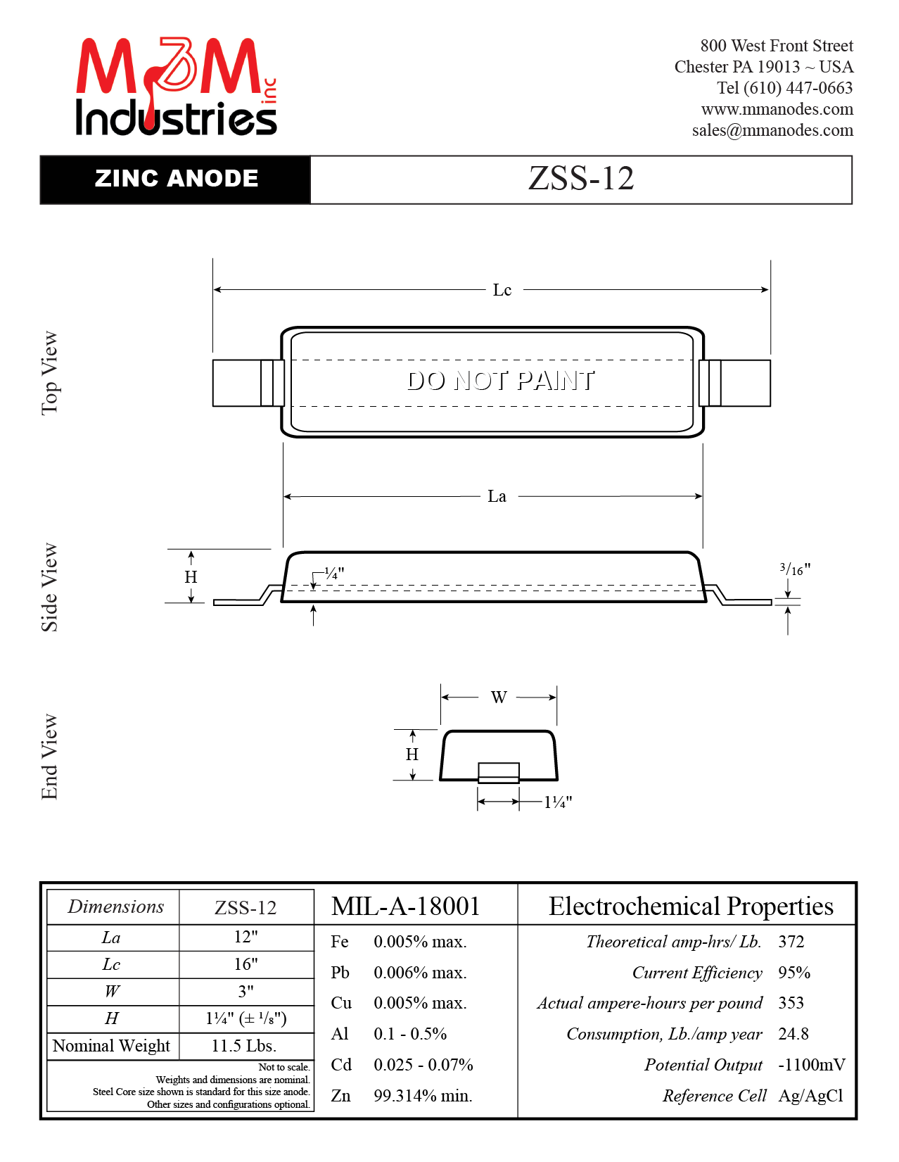 ZSS-12 Zinc Sacrificial Anode, weld on style, teardrop measuring 3″ x 12″ x 1-¼″, MIL-A-18001 zinc alloy, has a nominal weight of 12 lbs, Made in USA. Technical Drawing