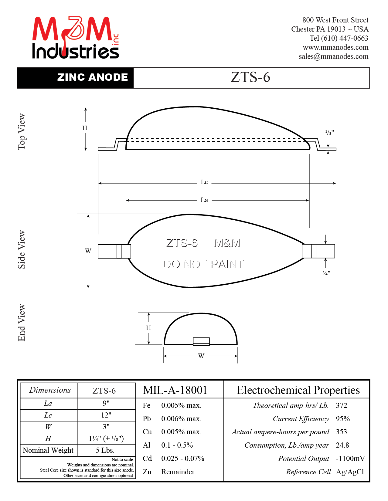 Technical Drawing Weld-On Style Teardrop Zinc Anode measuring 3″ x 9″ x 1-¼″, manufactured from MIL-A-18001 zinc alloy, has a nominal weight of 5 lbs, Made in USA