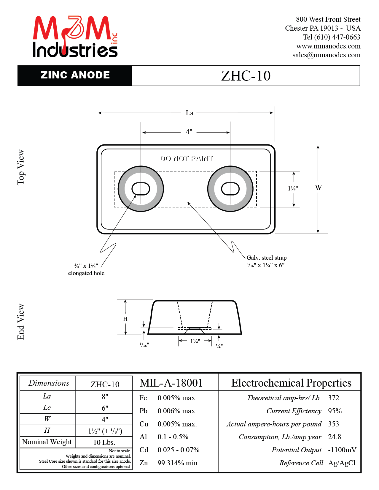 Technical Drawing ZHC-10 Bolt-On Style Zinc Anode measuring 8″ x 6″ x 1-1/2″, 2 holes for mounting on 4" center to centers. Manufactured from MIL-A-18001 zinc alloy, has a nominal weight of 10 lbs, Made in USA