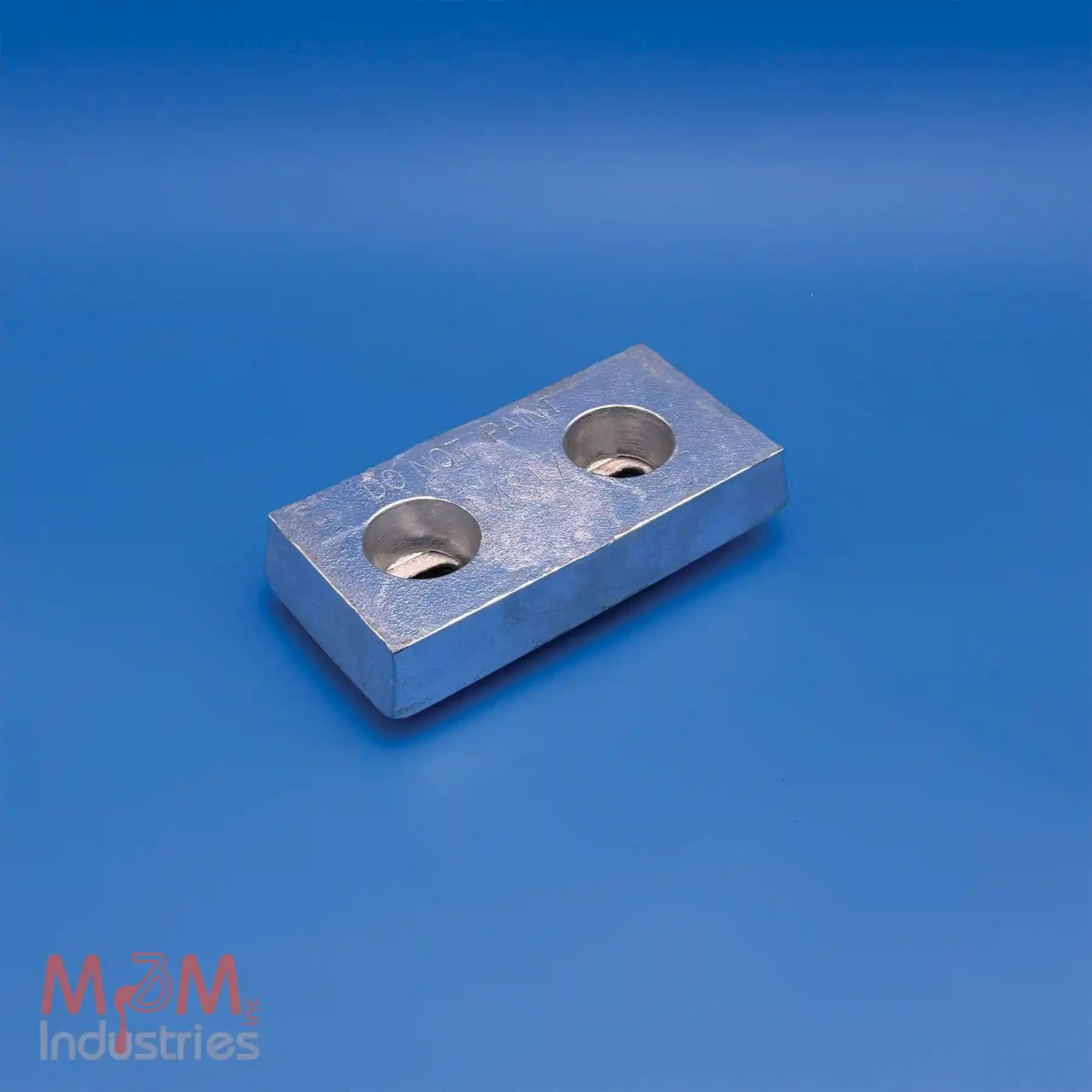 Bolt-On Style Zinc Anode measuring 8″ x 6″ x 1-1/2″, 2 holes for mounting on 4" center to centers. Manufactured from MIL-A-18001 zinc alloy, has a nominal weight of 10 lbs, Made in USA