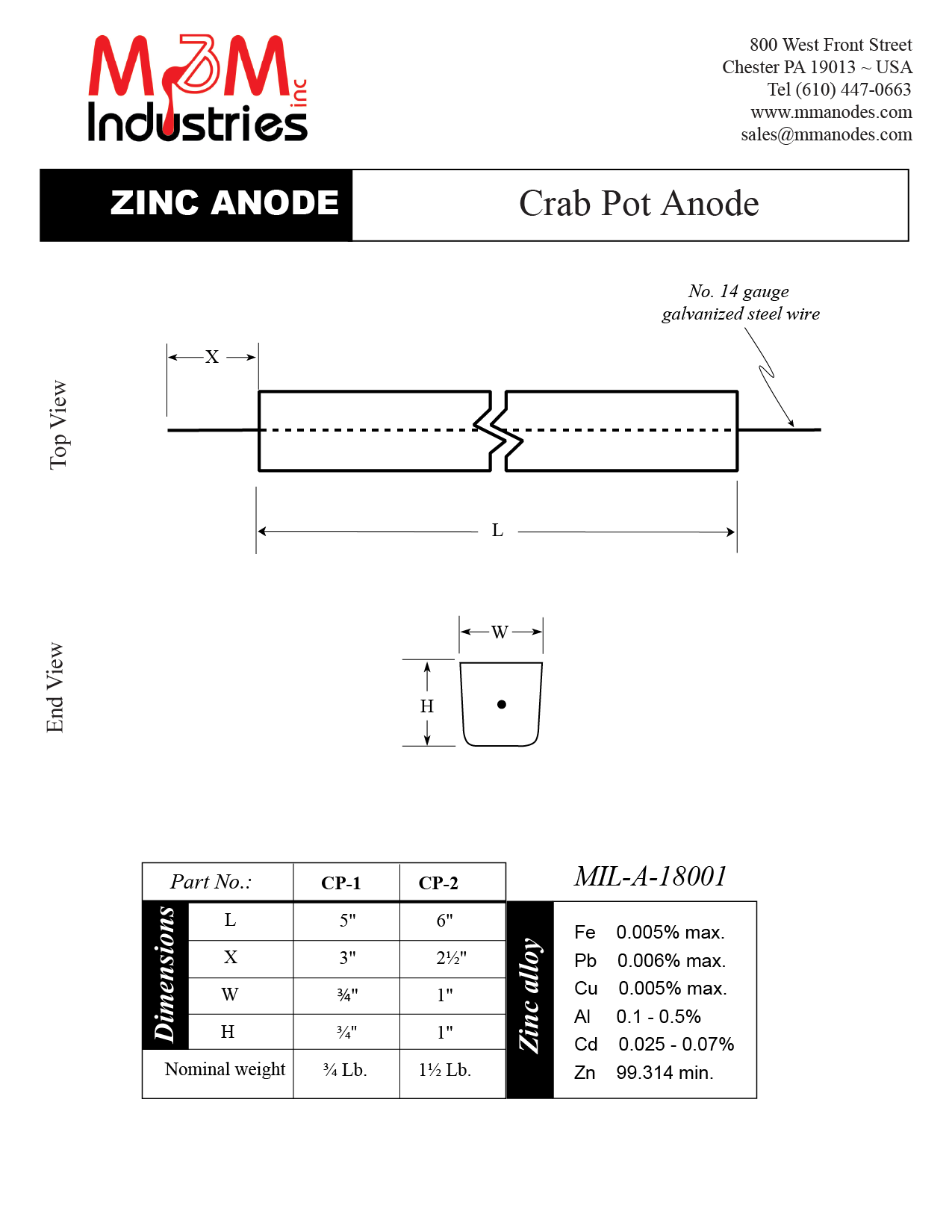Manufactured in the USA by M&M Industries, the CP-1 crab pot zinc sacrificial anode measures 5" x ¾" x ¾". Cast using 0.75 lbs of MIL-A-18001 zinc alloy. Technical Drawing