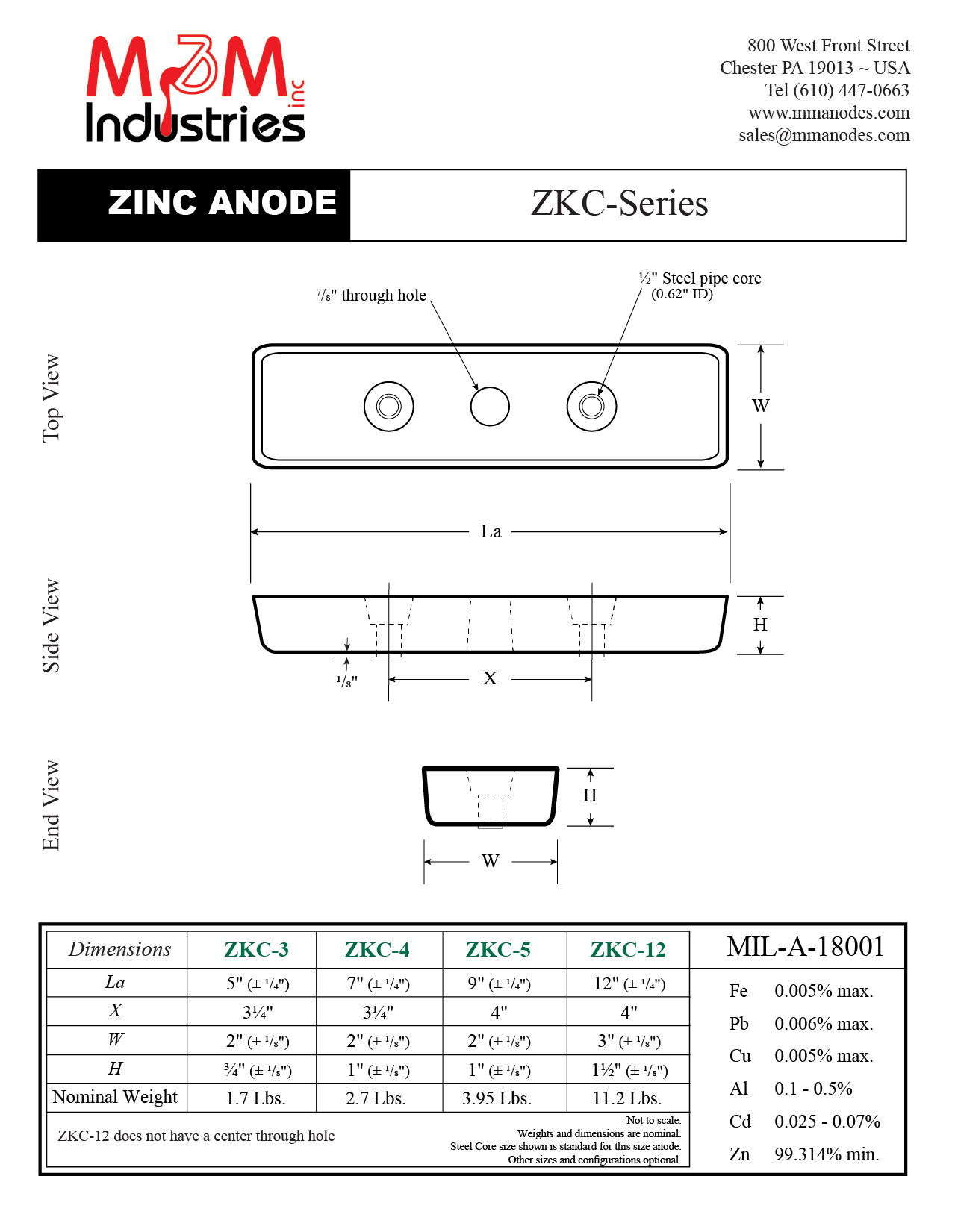 Manufactured in the USA by M&M Industries. Keel Cooler zinc sacrificial anode technical drawing.