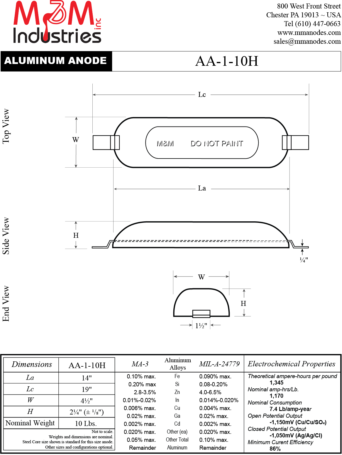 AA-1-10H Aluminum Sacrificial Anode, weld on style, Measuring 14″ x 4-½″ x 2-¼, MIL-A-24779 Aluminum Alloy, nominal weight of 10 lbs, Made in USA, Cathodic Protection