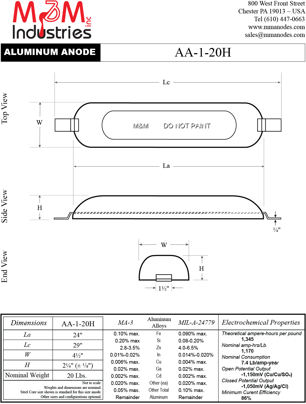 AA-1-20H Aluminum Sacrificial Anode, weld on style, Measuring 24″ x 4-½″ x 2-¼, MIL-A-24779 Aluminum Alloy, nominal weight of 20 lbs, Made in USA
