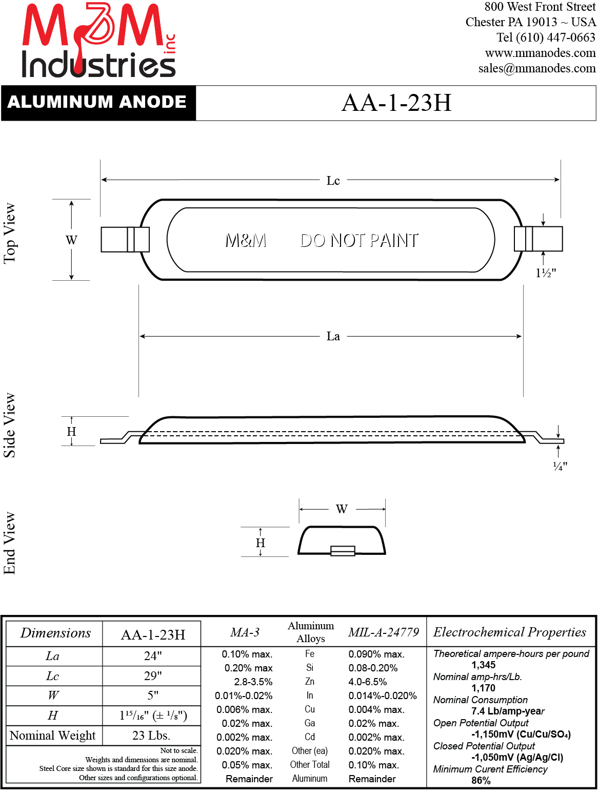 AA-1-23H Aluminum Sacrificial Anode, weld on style, Measuring 24″ x 5″ x 1-15/16", MIL-A-24779 Aluminum Alloy, nominal weight of 23 lbs, Made in USA, Cathodic Protection