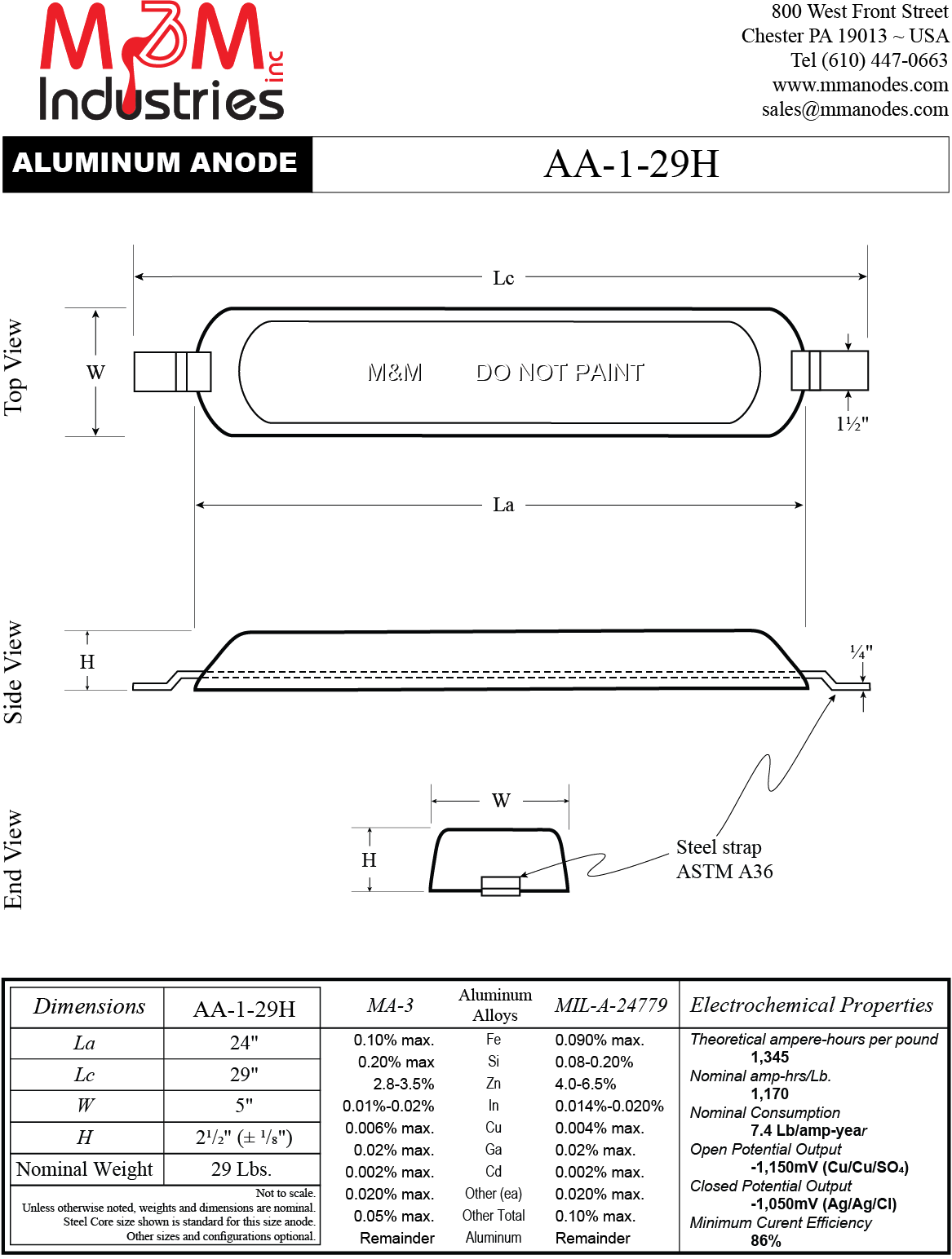 AA-1-29H Aluminum Sacrificial Anode, Weld on style, Measuring 24″ x 5″ x 2-½", MIL-A-24779 Aluminum Alloy, Nominal weight of 29 lbs, Made in USA, Cathodic Protection, Technical Drawing
