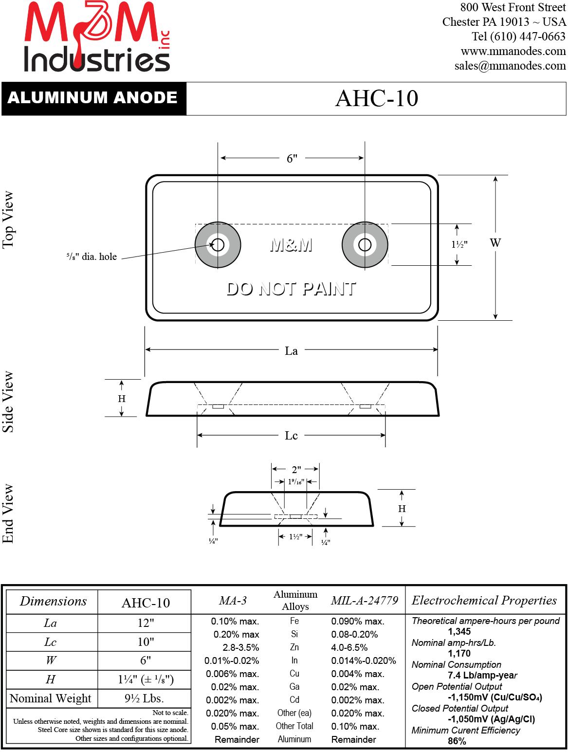 AHC-10 Aluminum Sacrificial Anode, Weld on style, Measuring 6″ x 12″ x 1-¼", MIL-A-24779 Aluminum Alloy, Nominal weight of 9.5 lbs, Made in USA, Cathodic Protection.