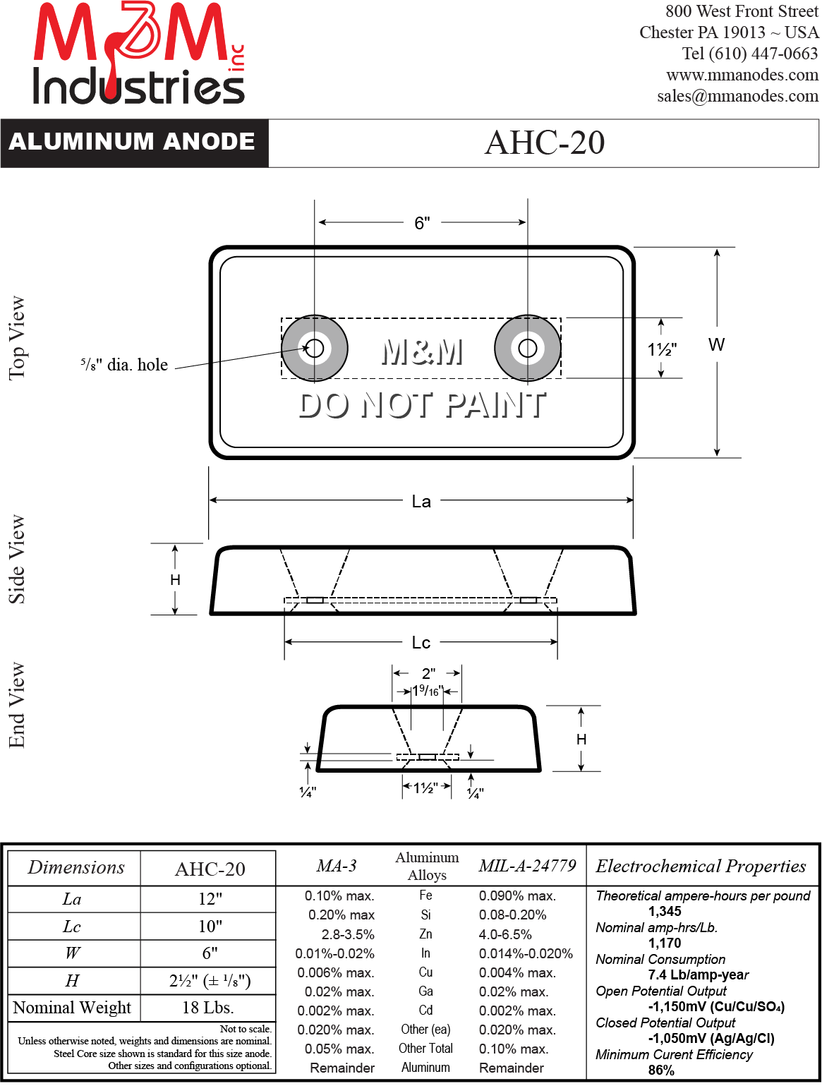 AHC-20 Aluminum Sacrificial Anode, Weld on style, Measuring 6″ x 12″ x 2-½″, MIL-A-24779 Aluminum Alloy, Nominal weight of 18 lbs, Made in USA, Cathodic Protection