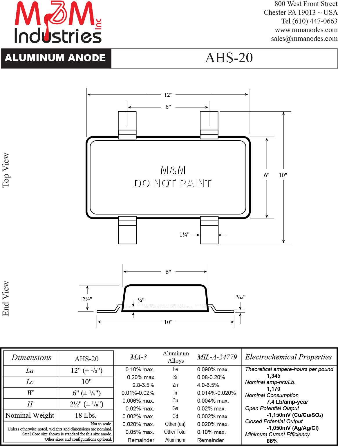 AHS-20 Aluminum Sacrificial Anode, Weld on style, measuring 6″ x 12″ x 2-½″, MIL-A-24779 Aluminum Alloy, Nominal weight of 18 lbs., Made in USA, Technical Drawing, Cathodic Protection