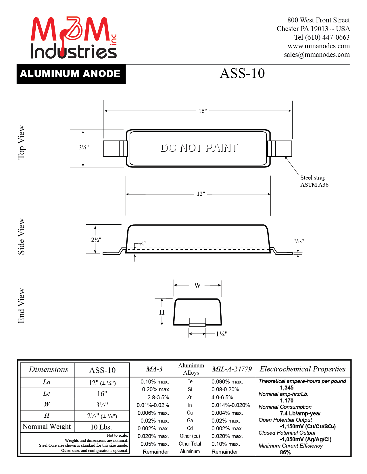 ASS-10 Aluminum Sacrificial Anode, weld on style, measuring 3″ x 12″ x 2-½″, MIL-A-24779 Aluminum Alloy, has a nominal weight of 10 lbs, Made in USA. Cathodic Protection, Technical Drawing