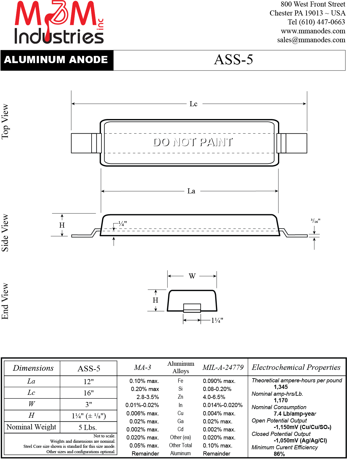 ASS-5 Aluminum Sacrificial Anode, weld on style, measuring 3″ x 12″ x 1-¼″, MIL-A-24779 Aluminum Alloy, has a nominal weight of 5 lbs, Made in USA. Cathodic Protection, Technical Drawing