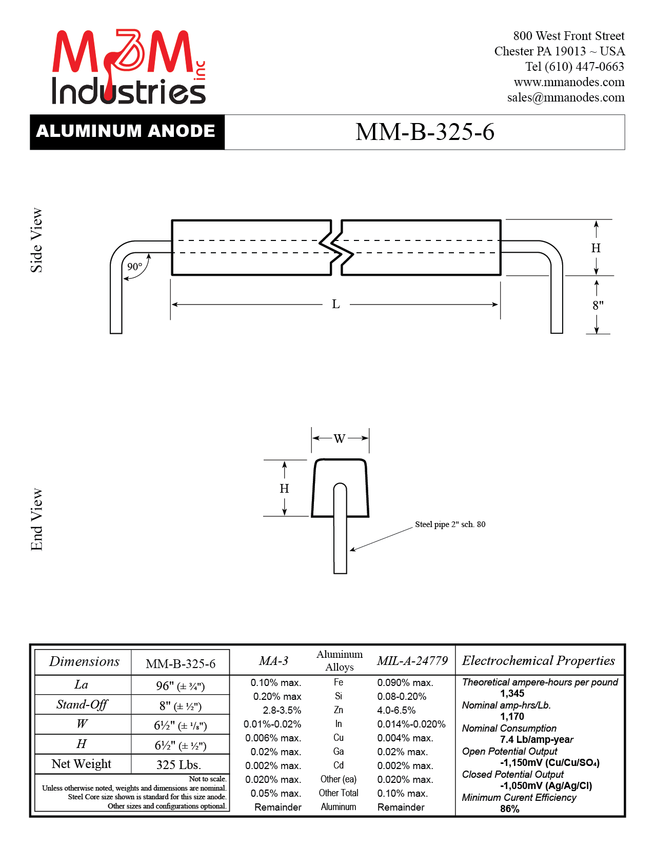 MM-B-325-6 Aluminum Sacrificial Anode, Measuring 96″ x 6½″ x 6-½″, MIL-A-24779 or MA-3 Aluminum Alloy, net weight of 325 lbs, Made in USA by M&M Industries, Cathodic Protection, Technical Drawing