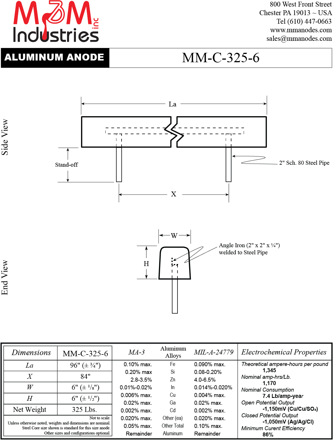 MM-C-325-6 Aluminum Sacrificial Anode, Measuring 96″ x 6″ x 6″, MIL-A-24779 or MA-3 Aluminum Alloy, net weight of 325 lbs, Made in USA by M&M Industries, Cathodic Protection, Technical Drawing